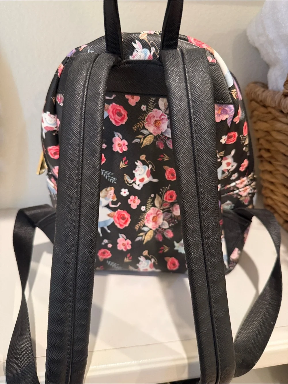 Loungefly Black Floral Disney Mini Alvin’s in Wonder Backpack with Gold Hardware